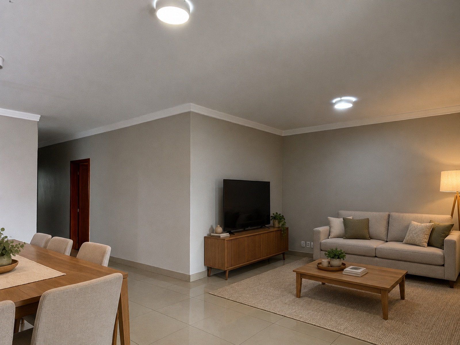 Sala ambientada com sofá, televisão e mesa de jantar