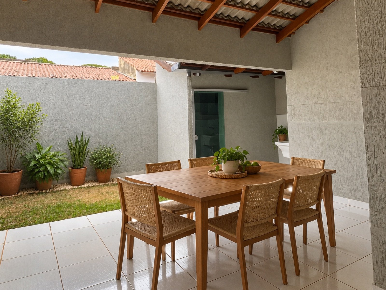 Área gourmet coberta com mesa de seis lugares posta sob o telhado de madeira aparente